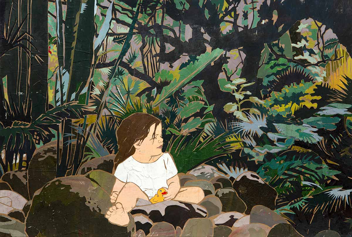 Papiercollage, kleines Mädchen sitzt im Urwald